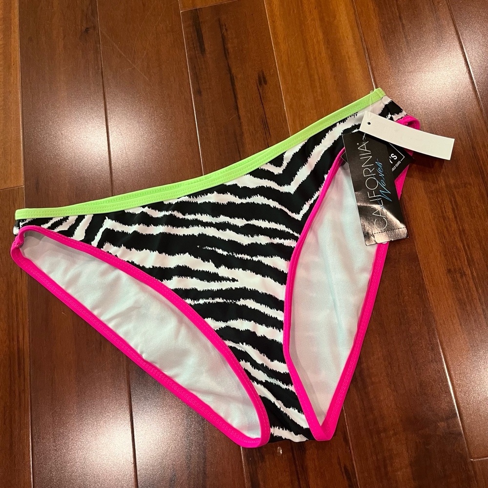 New NWT California Waves Neon Bikini Swim Bottom Zebra Animal Print Size Large